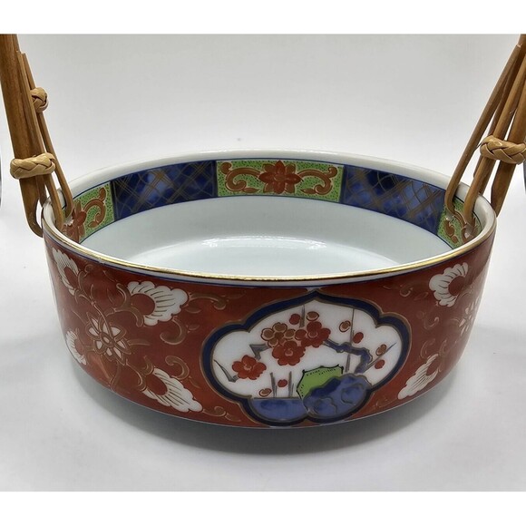 Vintage Takahashi Bowl Dish Bamboo Handles Japan Asian Ceramic Red Blue Floral - Picture 10 of 12